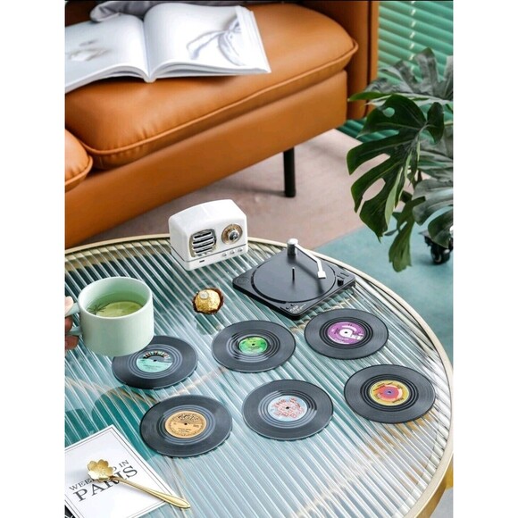 Retro / Vintage Vinyl Record Style Coasters Drink Mats Bar Set Discs With Holder - Picture 10 of 14